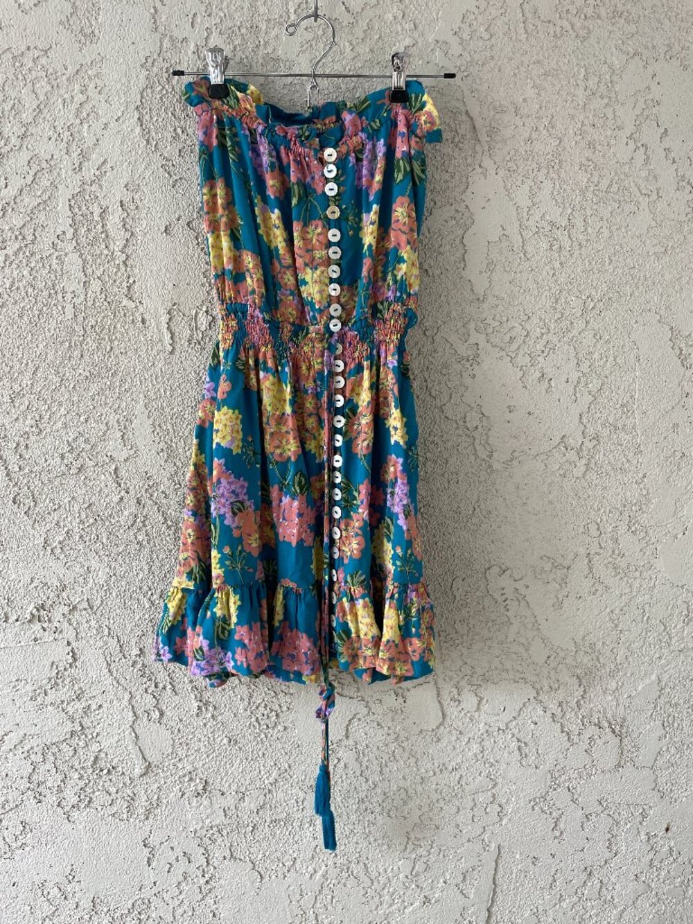 Tiare Hawaii Blue Floral Smocked Strapless Mini Dress O/S Boho Tassel Button